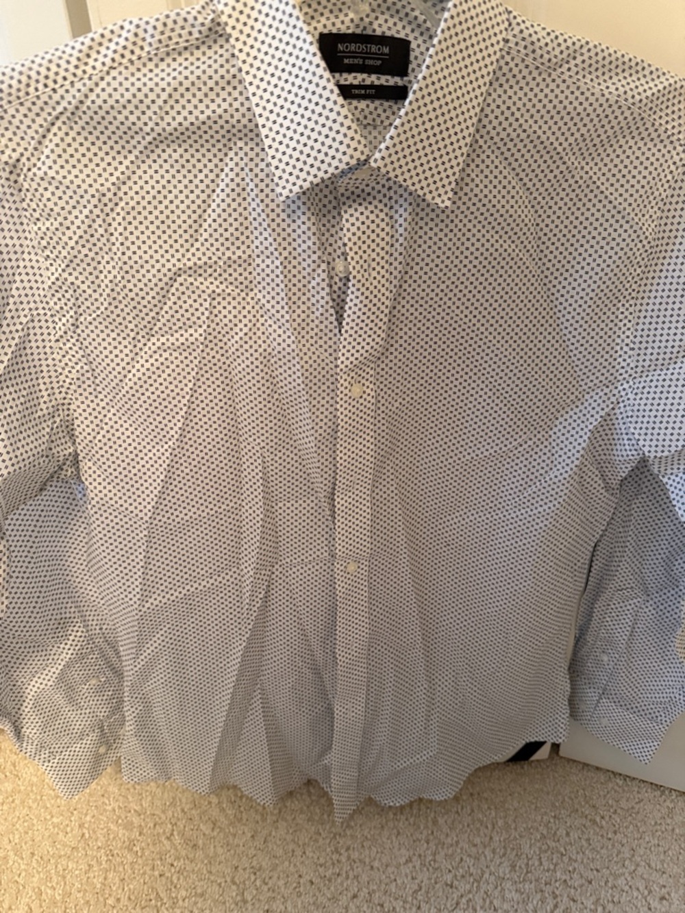 Nordstrom Men's White Shirt with Navy Micro Dot Print
